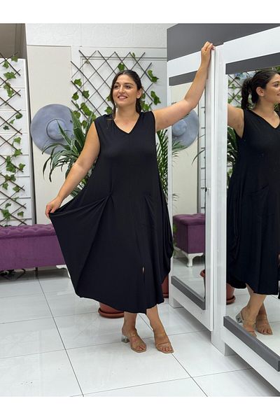 Punta Otantik Ts1004 Slit Sleeveless Lapel Viscose Dress Black