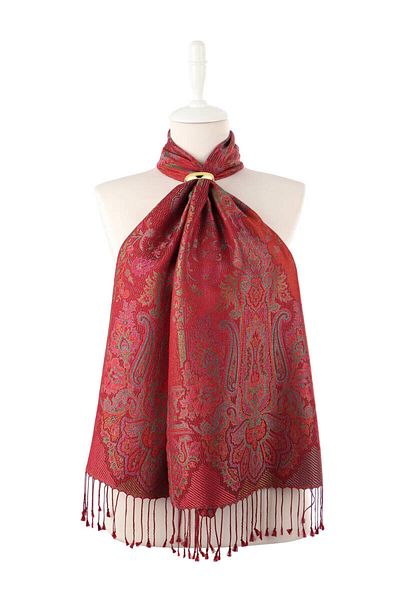 Bursa İpek Burgundy Green Jamawar Woven Silk Scarf