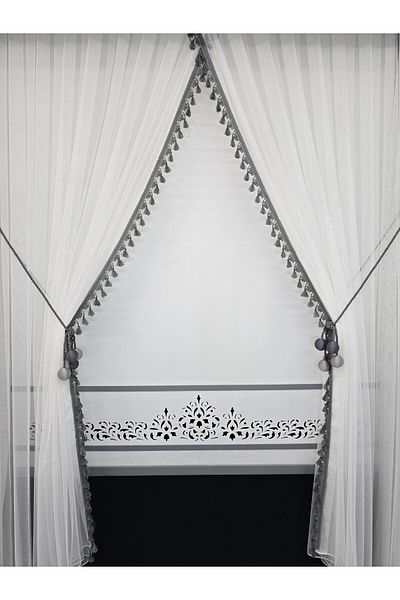 Art Perde Double-Breasted Tulle Curtain 4 Balls Ornamental Rope Included Gray Tassel Tight Pleat 1/3