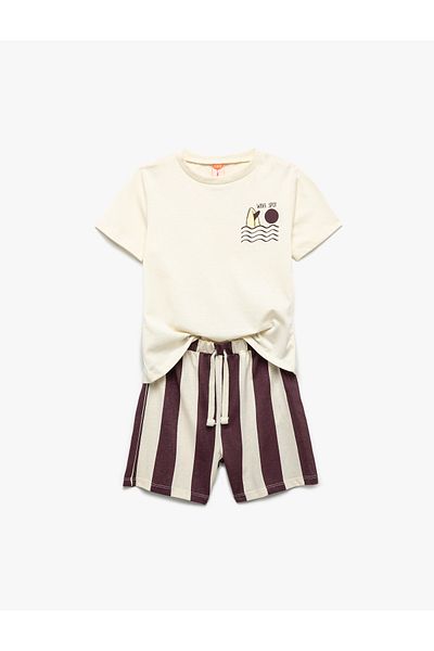 Koton Printed Short Sleeve Crew Neck Cotton T-Shirt and Shorts Set
