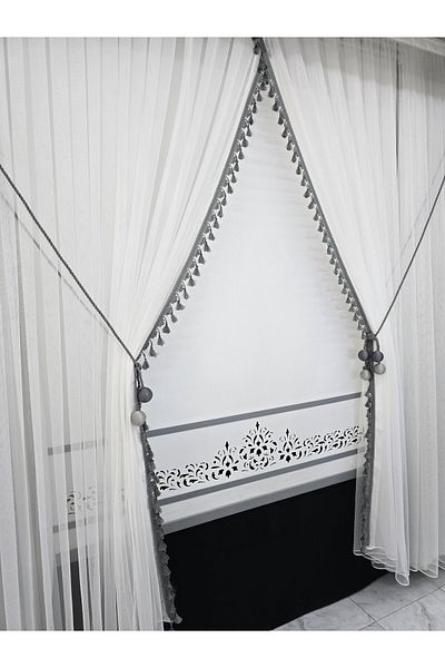 Art Perde Double-Breasted Tulle Curtain 4 Balls Ornamental Rope Included Gray Tassel Tight Pleat 1/3