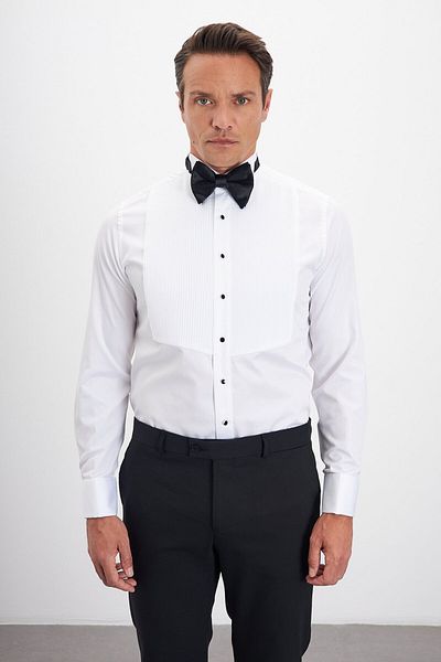 Paşahan Pleated 100% Cotton Ata Collar Tuxedo Shirt