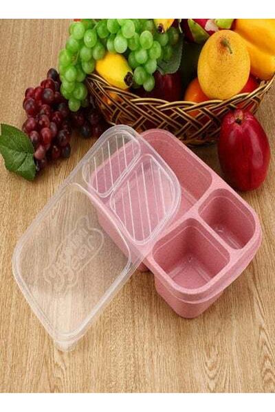 HALAMODO 3 Grids Wheat Straw Lunch Box With Lid Pink/Clear