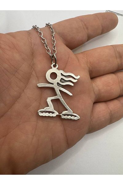 Herşey Nota Silver Color Unisex Necklace with Skateboarding Trash Man Figure – Fun and Energetic Style – 60 cm Chain