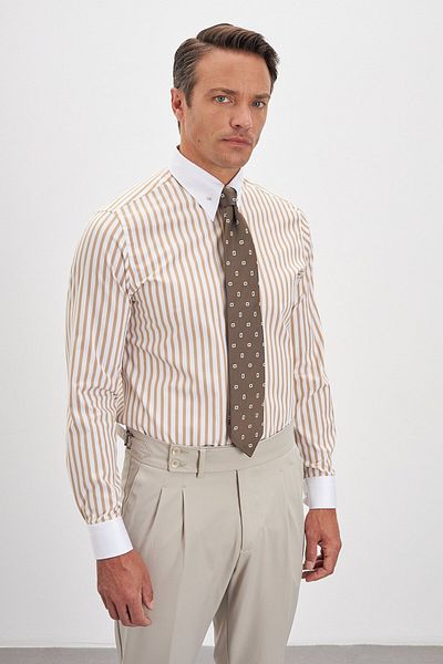 Paşahan Comfort Fit Striped 100% Cotton Men's Shirt with Lapel Pin