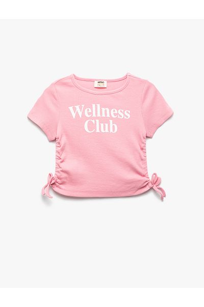 Koton Cotton Slogan Printed Drawstring Detail Short Sleeve Crop T-Shirt