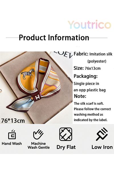 Youtrico Silk Scarf with Pony Perforated Diagonal Design 76*13cm Versatile Korean Style Fashion