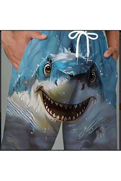 kargasa Büyük Beden Köpekbalığı Desenli Mayo - Mavi ve Beyaz Rahat Plaj ve Havuz Kenarı Rahat Şortl