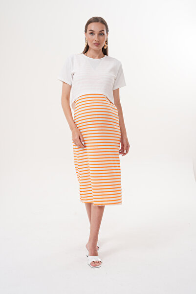 Miss Dünya Lissa Short Sleeve Striped Ribbed Camisole Maternity and Maternity T-Shirt Dress Set