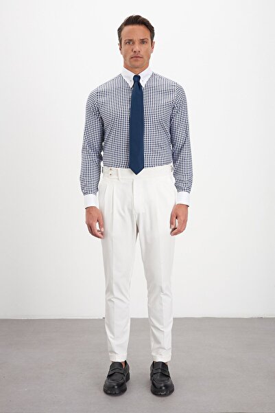 Paşahan Comfort Fit Herringbone Patterned 100% Cotton Men's Shirt with Lapel Pin