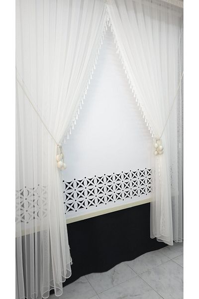 Art Perde Double-Breasted Tulle Curtain 4 Balls Ornamental Rope Included White Tassel Tight Pleat 1/3