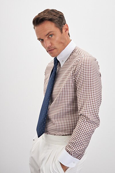 Paşahan Comfort Fit Herringbone Patterned 100% Cotton Men's Shirt with Lapel Pin