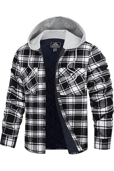 Kefitevd Men's flannel jacket with hood, padded, 100% cotton, KEFITEVD