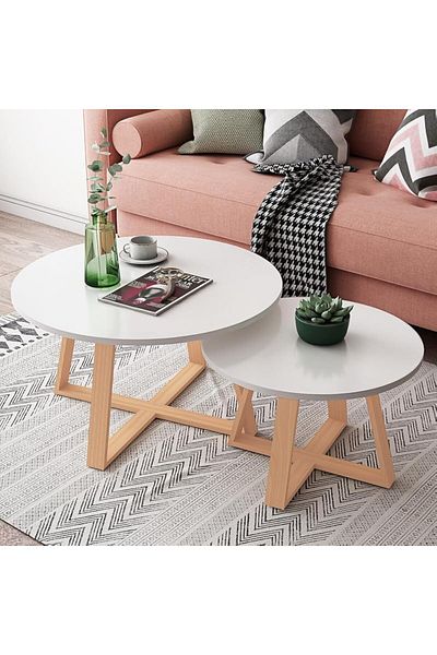 COOYA 2-piece round coffee table set, wooden frame, durable, stackable or split, easy to assemble, white