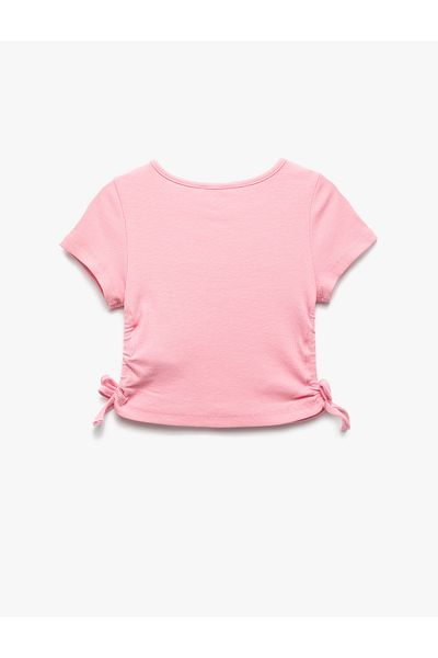 Koton Cotton Slogan Printed Drawstring Detail Short Sleeve Crop T-Shirt