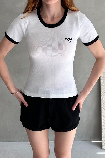 Chicup Aura Women's White Black Bow Embroidered Opposite Ribbed Knitted Blouse