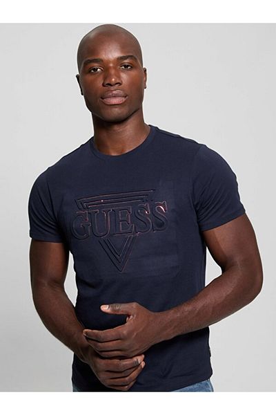Guess Crew Neck Patterned Navy Blue Men's T-Shirt M5Ri62K9Rm1G7V2 Bsc Guess Triangle