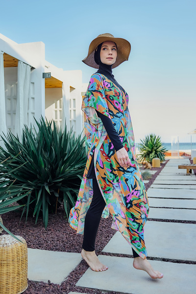 Remsa Mayo Remsa Patterned Single Kaftan Pareo on Hijab Swimsuit 430-308 Orange