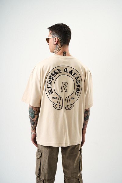 Respire Men's R Creative Embroidered Oversize T-Shirt Beige