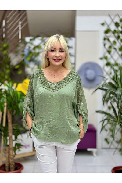 Punta Otantik Nc274-1 Italian Front-Back Lace Silk Blouse Khaki