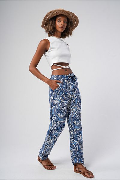 Hopoi Women's Waist Belted Geometric Pattern Straight Trousers