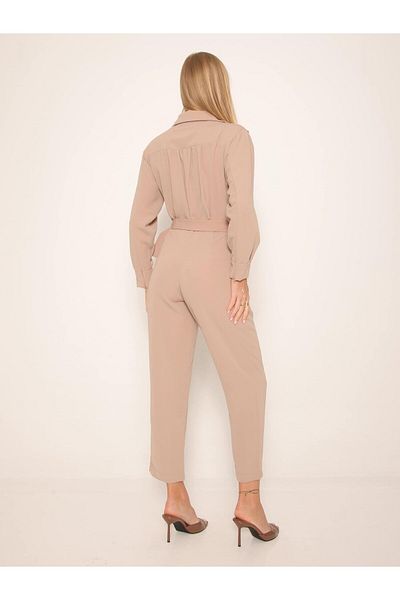 Coral Belted Jumpsuit with Flap Pockets Camel