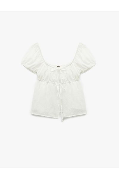 Koton Short Sleeve Balloon Sleeve Tie Front Bow Blouse