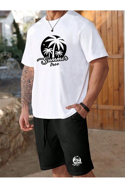 LOU MODA -Men's Cotton Printed Summer Tree Tshirt-Shorts Set 2-Pack Oversize Large Size