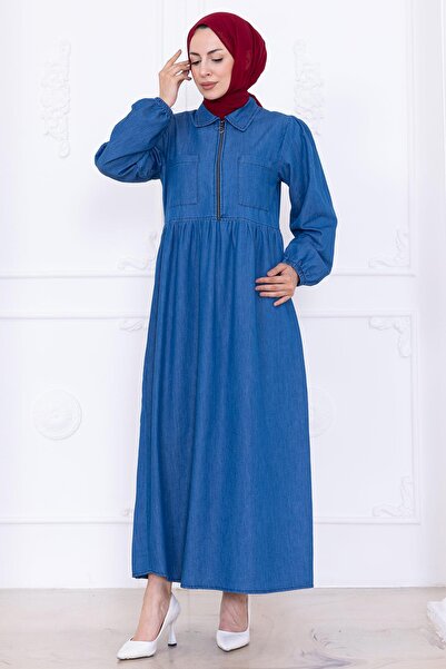 hafsamina Τζιν φόρεμα με μισή τσέπη με φερμουάρ HM2773 γαλάζιο