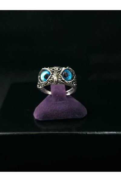 sarıyer silver Owl Model Blue Eyed Adjustable Size Steel Stylish Design Ring