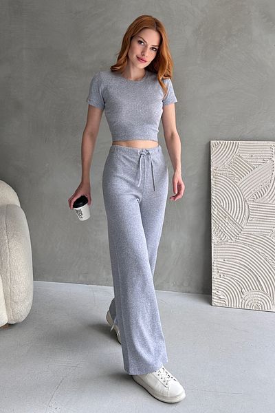 Chicup Aura Women's Gray Crop Pants Ribbed Knitted Bottom Top Set