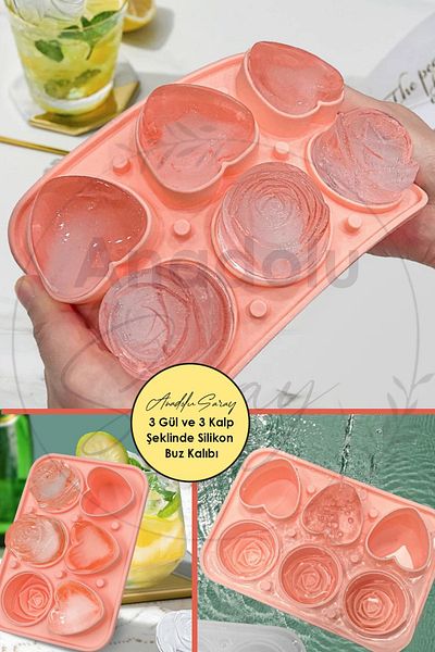 Anadolu Saray 2 Pcs Practical Silicone 3 Hearts 3 Rose Shaped Ice Mold |   Rose and Heart Shaped Chocolate Ice Mold
