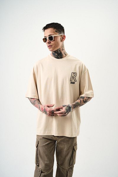 Respire Men's R Creative Embroidered Oversize T-Shirt Beige