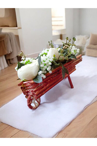 Ylc Tasarım EL YAPIMI AHŞAP (EL) ARABASI İÇİNDE BEYAZ GÜL ARAJMANI DEKOR HEDİYE İÇ MEKAN DEKORASYON