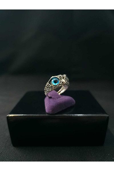 sarıyer silver Owl Model Blue Eyed Adjustable Size Steel Stylish Design Ring