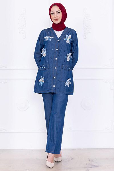 hafsamina Daisy Touch Summer Denim Suit Hm2779 Dark Blue