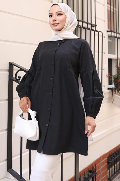 hafsamina Gathered Detailed Balloon Sleeve Shirt Black Hm2763