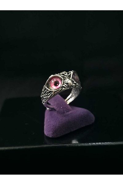 sarıyer silver Owl Model Pink Eye Embroidered Adjustable Size Stylish Design Steel Ring
