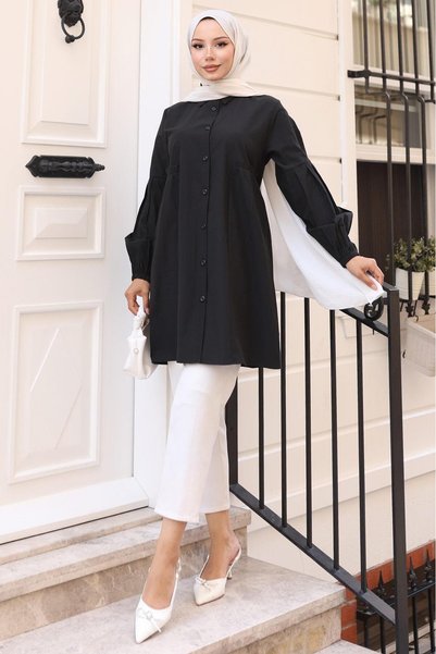 hafsamina Gathered Detailed Balloon Sleeve Shirt Black Hm2763
