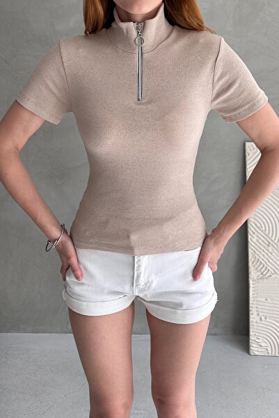 Chicup Aura Γυναικεία Κρεμ Πλεκτή Μπλούζα με φερμουάρ