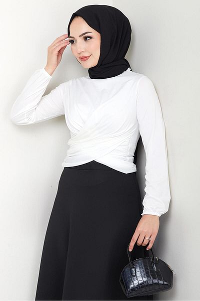 hafsamina Crew Neck Gathered Sandy Blouse White Hm2765