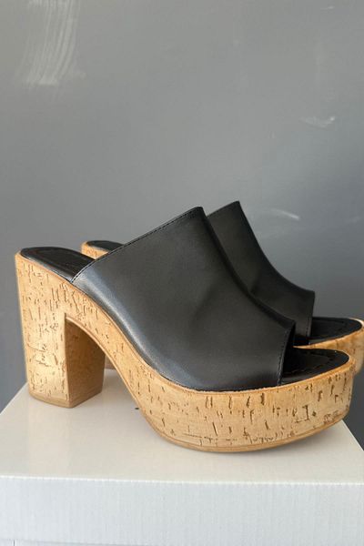 Preshley Γυναικείο Φούρνος Μαύρο Δέρμα 10 cm Πλατφόρμα με τακούνι Παντόφλες σόλα από φελλό K-850