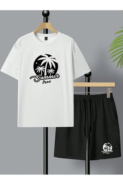 LOU MODA -Men's Cotton Printed Summer Tree Tshirt-Shorts Set 2-Pack Oversize Large Size