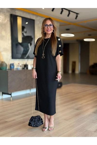 Kaplan Women's Short Sleeve Crew Neck Shoulder Button Long Viscose Two Thread Dress