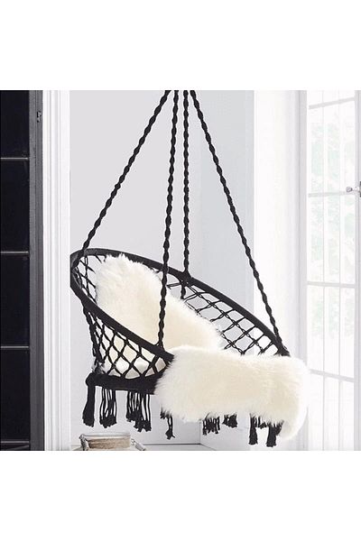 SERSIMO Round hanging swing chair for home or garden, with fringes, 150kg, black