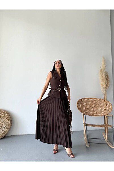 ZF BUTİK Detailní plisovaná sukně se zlatými knoflíky, vínová