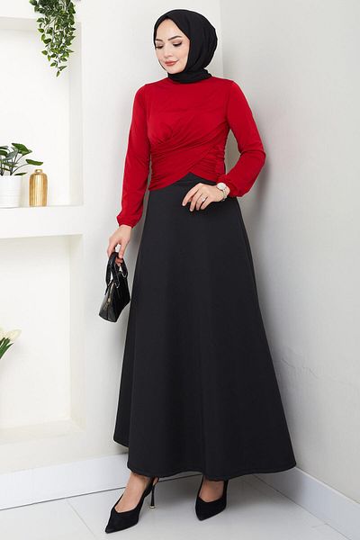 hafsamina Crew Neck Gathered Sandy Blouse Red Hm2765