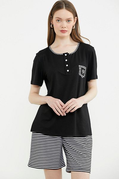 Sementa Marine Detailed Striped Shorts Suit - Black