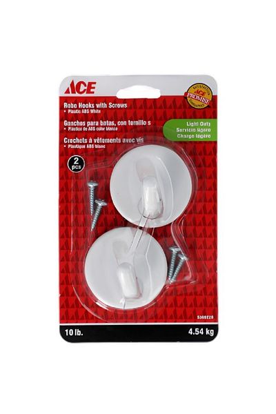 ACE Light Duty Plastic ABS Robe Hook with Screws White