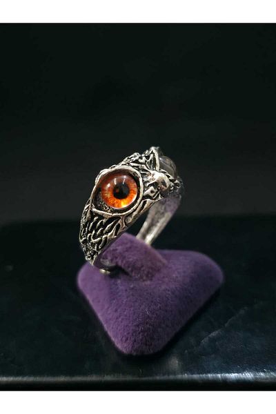 sarıyer silver Owl Model Orange Colored Eye Embroidered Adjustable Size Stylish Design Steel Ring